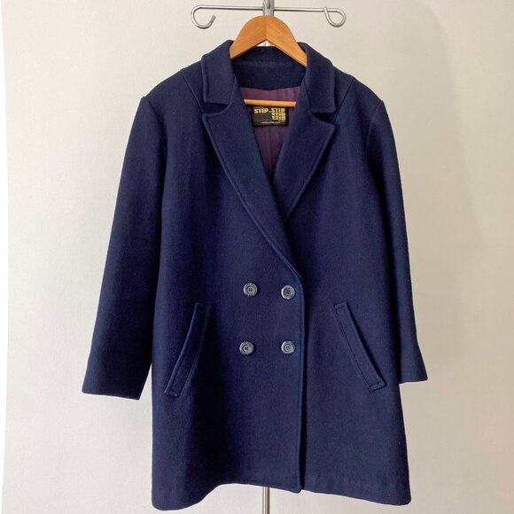 ❄️ 90s Vintage Chic Navy Blue Minimalist Boxy Double-Breasted Pea Coat - Picture 2 of 7